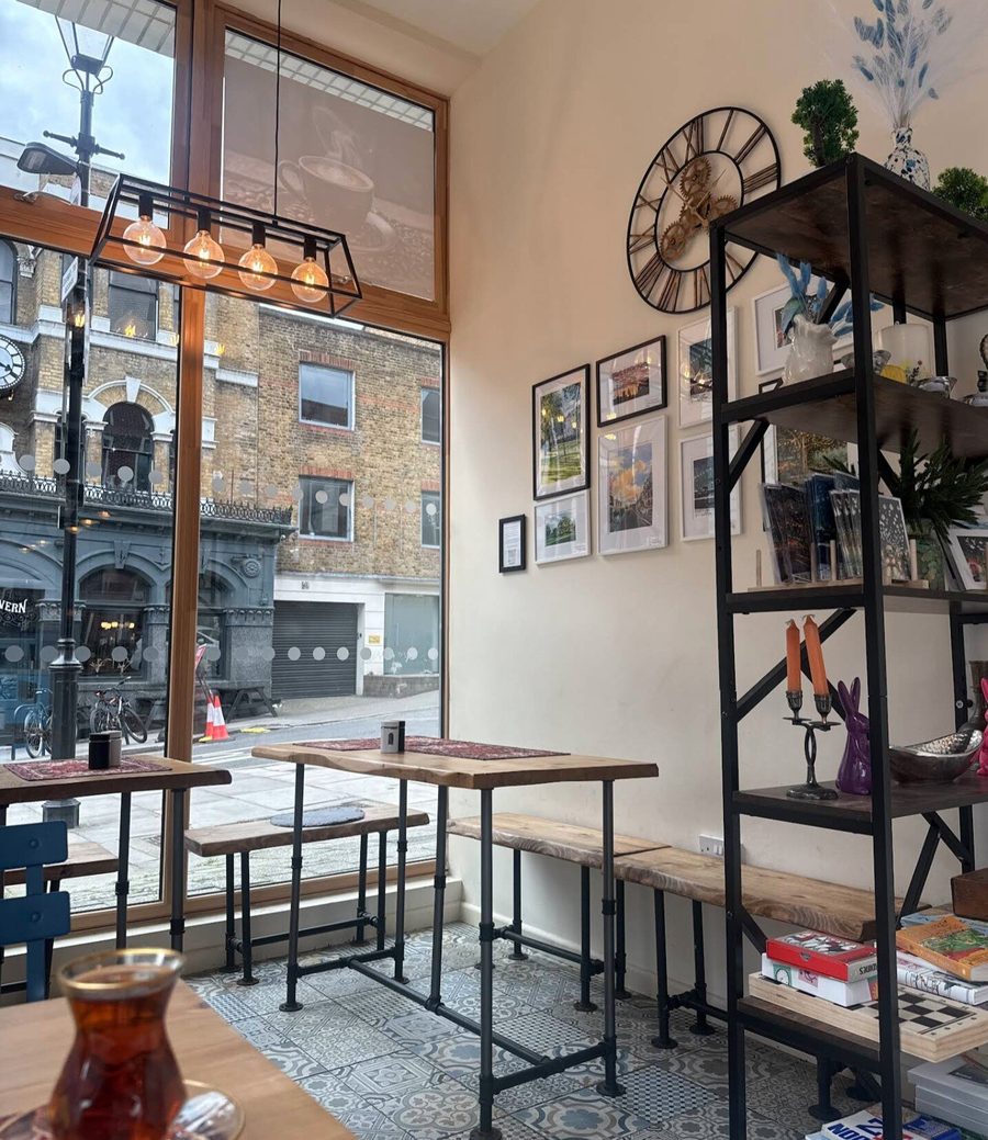 Tables and shelving inside Café Saffron